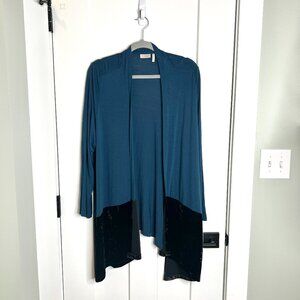 LOGO by Lori Goldstein Teal Black Velvet Panel Waterfall Long Sleeve Cardigan 1X